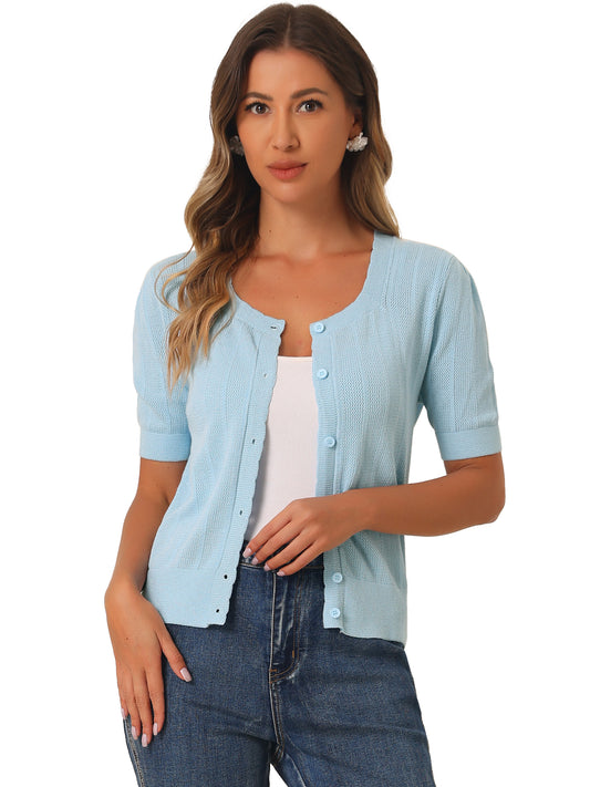 Suéter tipo bolero informal de punto a crochet con botones para mujer, cárdigan de manga corta
