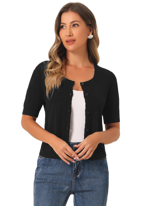 Suéter tipo bolero informal de punto a crochet con botones para mujer, cárdigan de manga corta