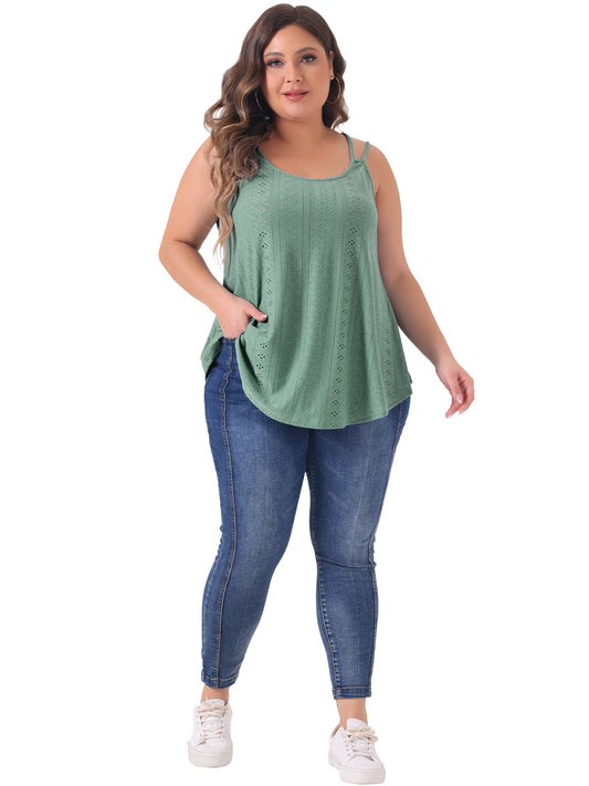 Women Plus Size Tank Tops Eyelet Embroidery Sleeveless Spaghetti Strap Loose Fit Cami Top