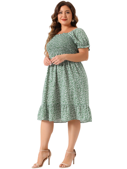 Women Plus Size Dress Ruffle Short Sleeve Flared Flowy Smock Floral Print Dress