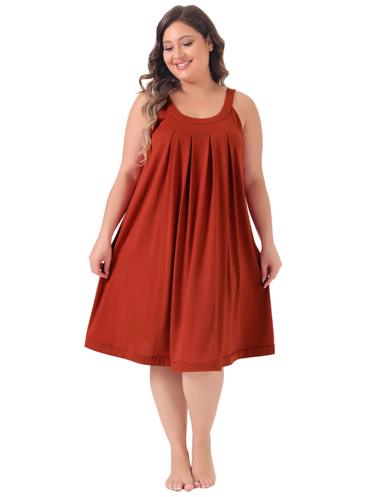 Women Plus Size Nightgown Sleeveless Contrast Color Wide Strap Pleated Sleepwear
