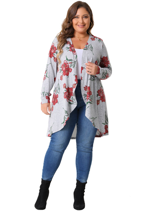Women Plus Size Cardigan Lightweight Long Sleeve Floral Knit High Low Hem Draped Duster