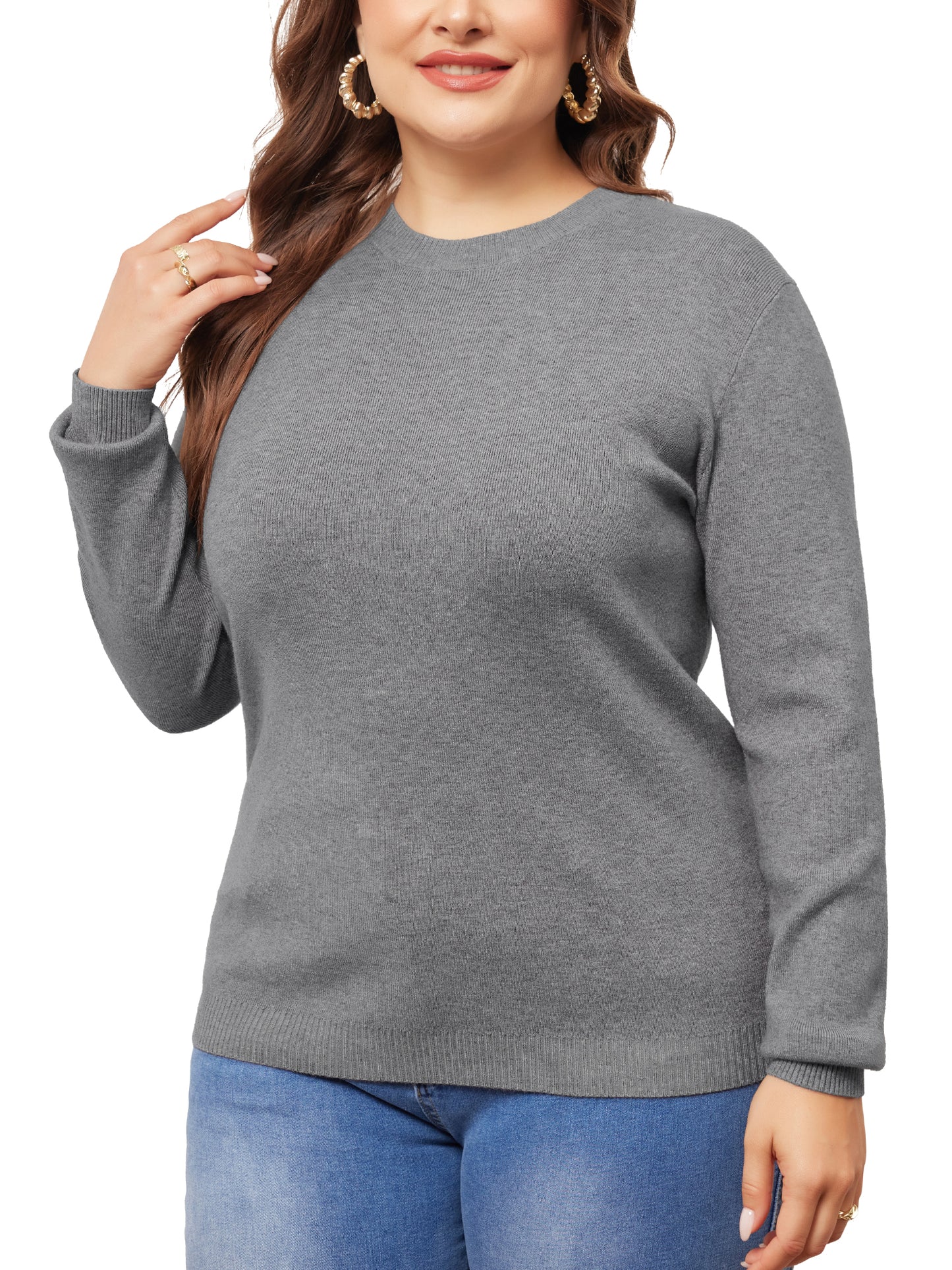 Women Plus Size Sweater Long Sleeve Crewneck Pullover Fall Knit Casual Basic Tee Tops