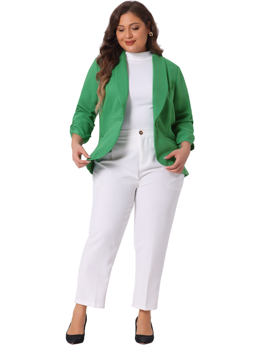 Blazer de talla grande para mujer, chaqueta ligera de trabajo para oficina, con mangas fruncidas 3/4 y parte delantera abierta