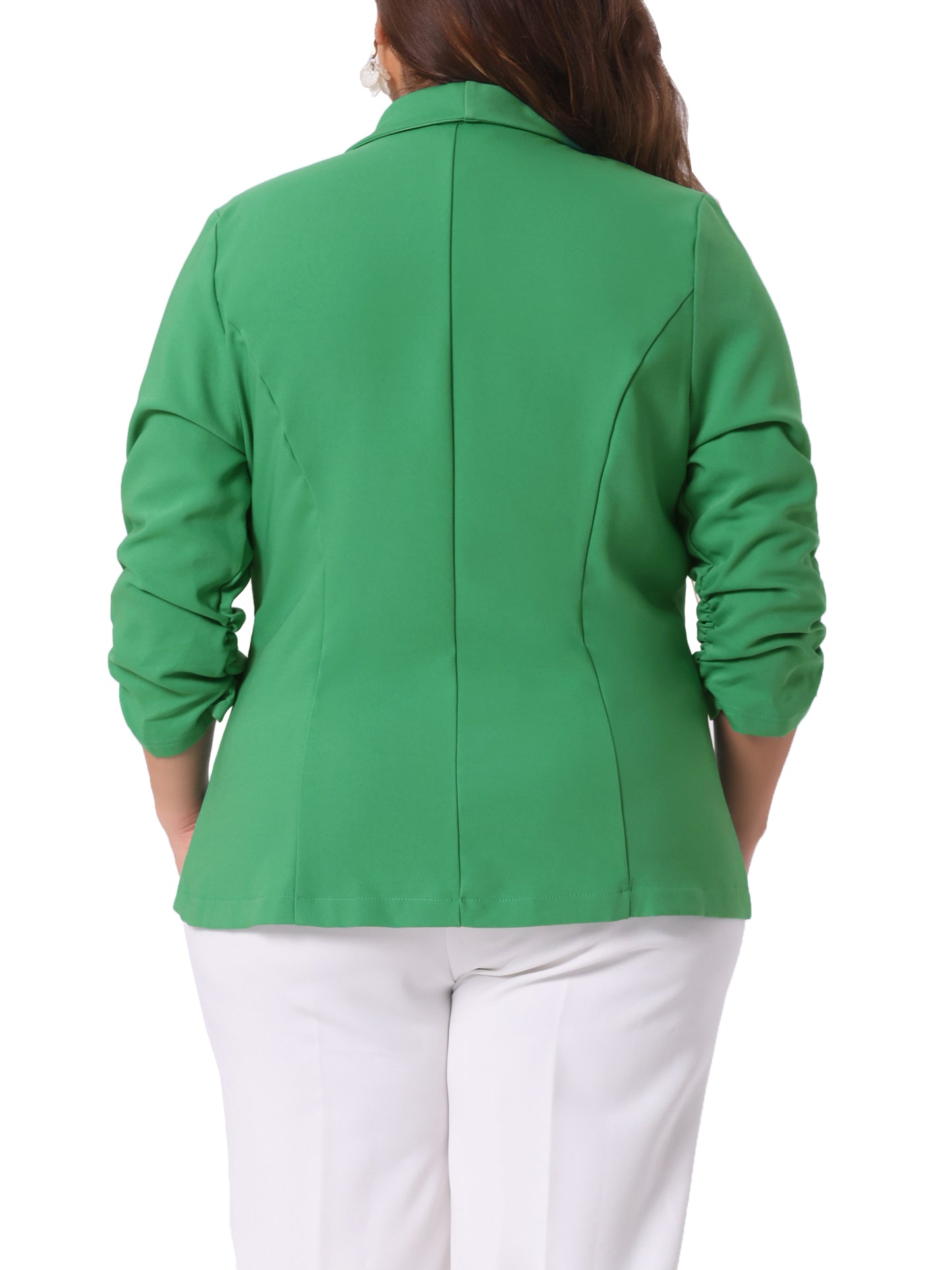 Blazer de talla grande para mujer, chaqueta ligera de trabajo para oficina, con mangas fruncidas 3/4 y parte delantera abierta