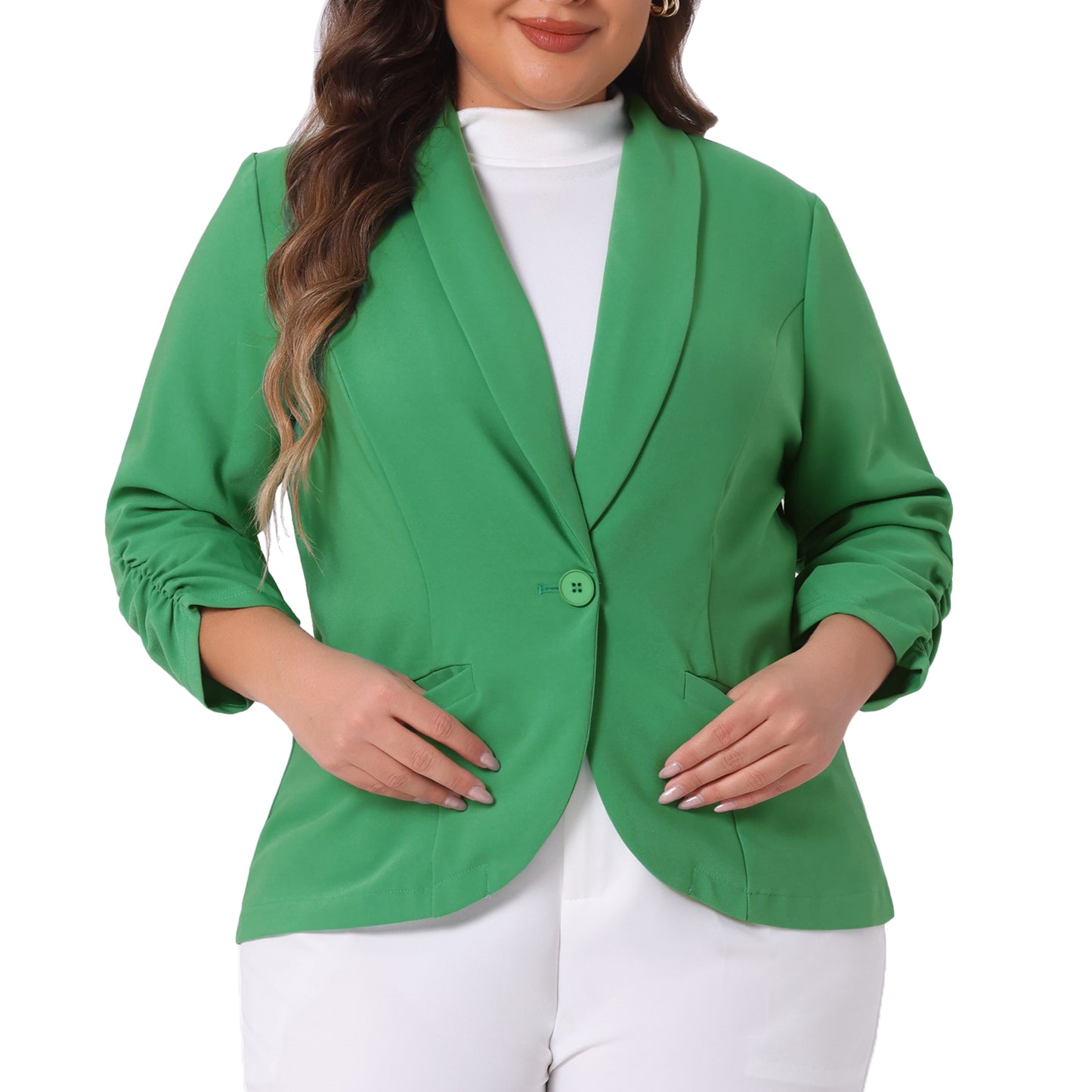 Blazer de talla grande para mujer, chaqueta ligera de trabajo para oficina, con mangas fruncidas 3/4 y parte delantera abierta