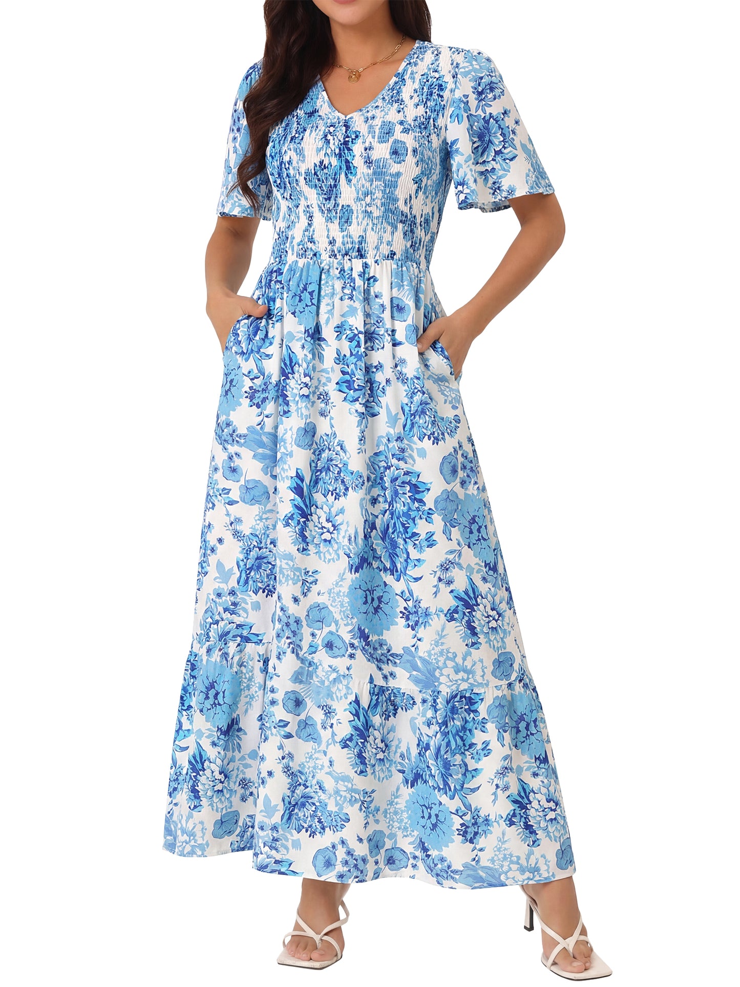 Women's Summer Dresses Casual Floral Short Sleeve V Neck Smocked Flowy Maxi Dress with Pockets