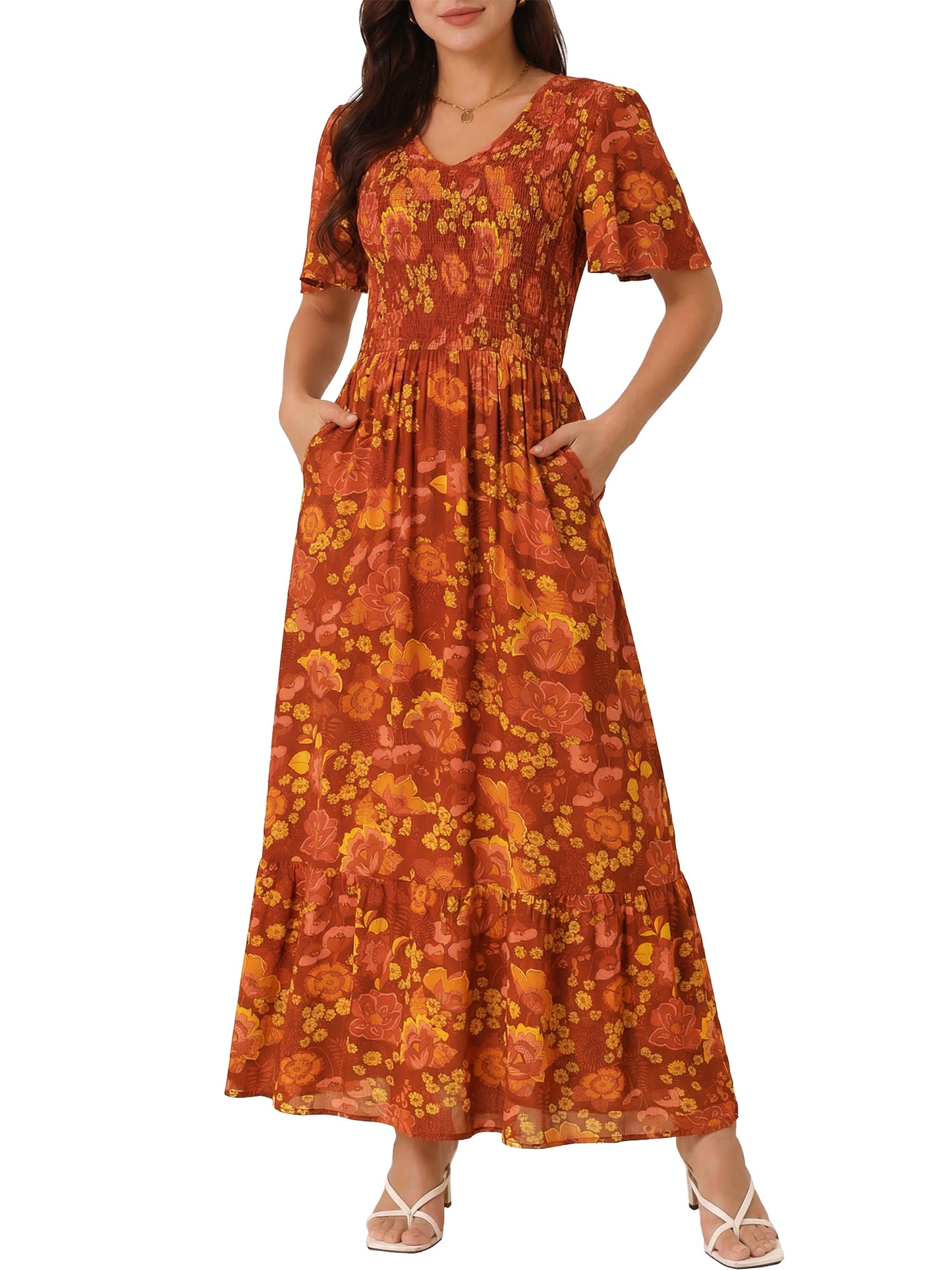 Women's Summer Dresses Casual Floral Short Sleeve V Neck Smocked Flowy Maxi Dress with Pockets