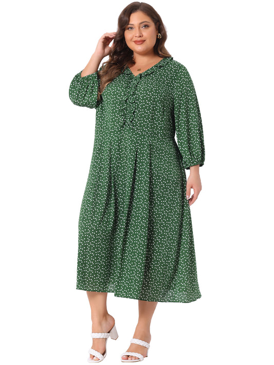 Vestido informal de talla grande para mujer, con mangas 3/4, escote en forma de corazón, estampado midi y volantes