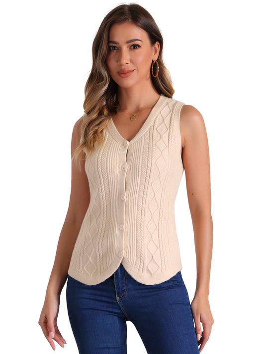 Women's Casual V Neck Button Down Sleeveless Knitted Sweater Vest