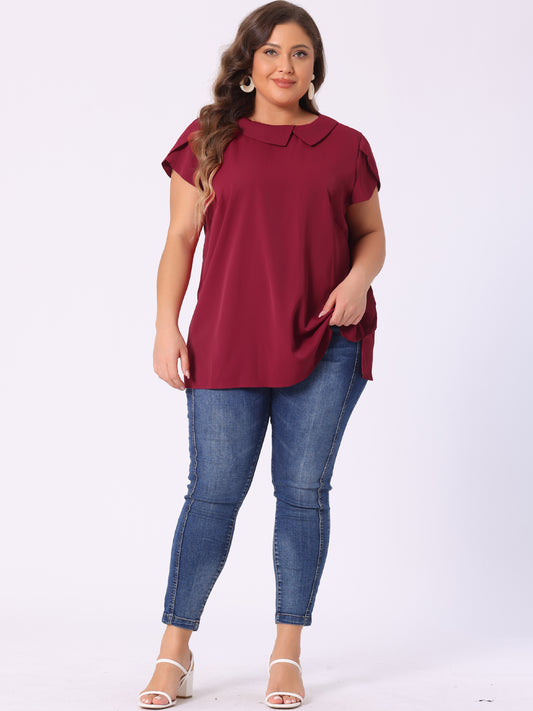 Women Plus Size Boat Lapel Neck Short Sleeve Chiffon Blouse Summer Top