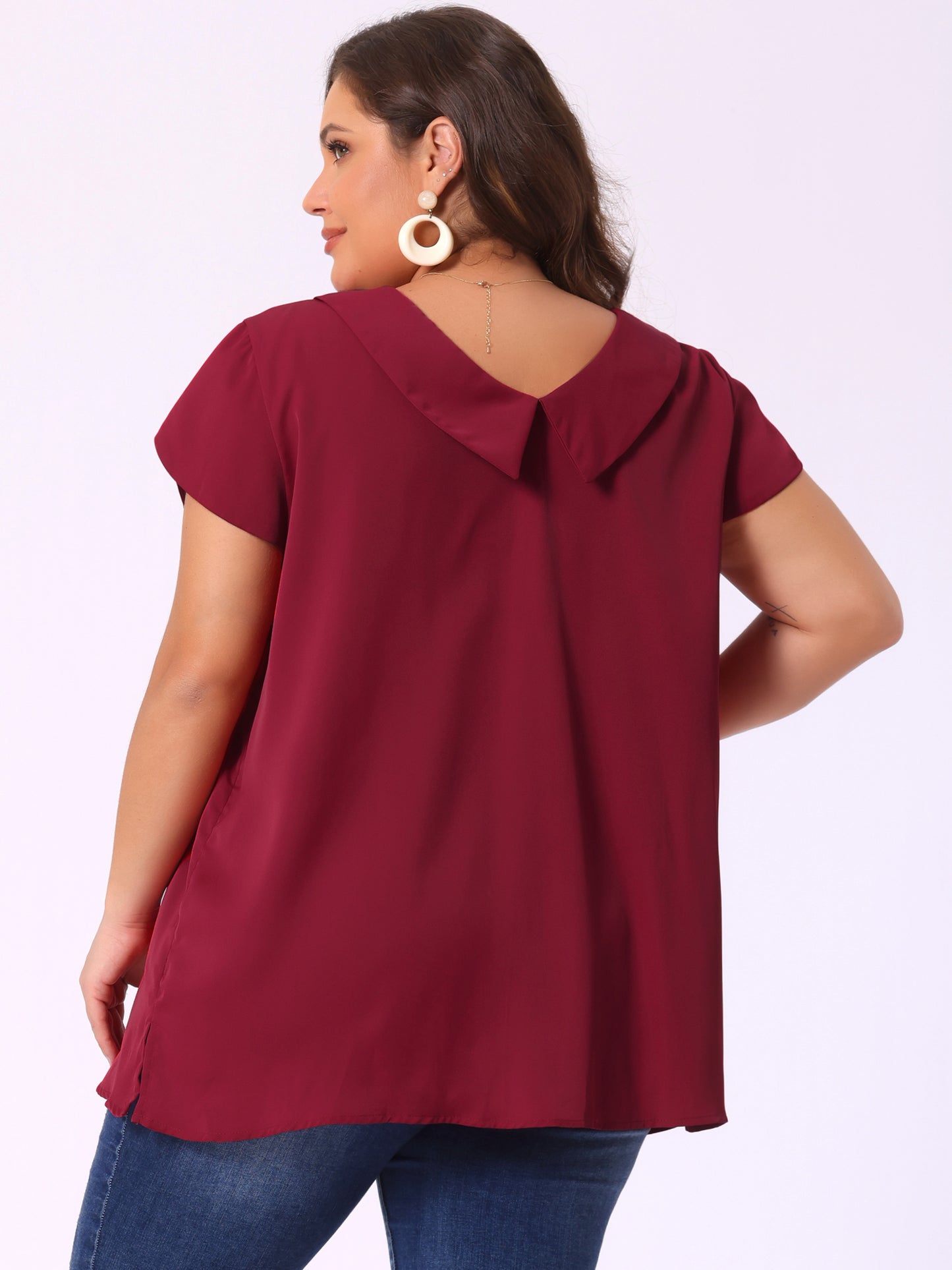 Women Plus Size Boat Lapel Neck Short Sleeve Chiffon Blouse Summer Top