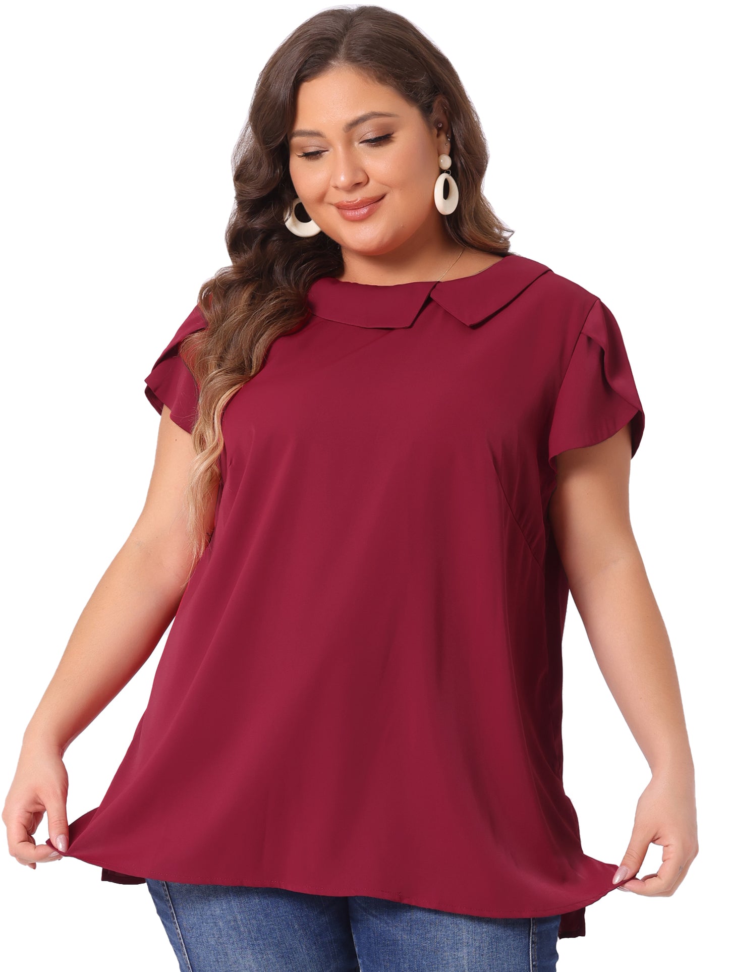 Women Plus Size Boat Lapel Neck Short Sleeve Chiffon Blouse Summer Top