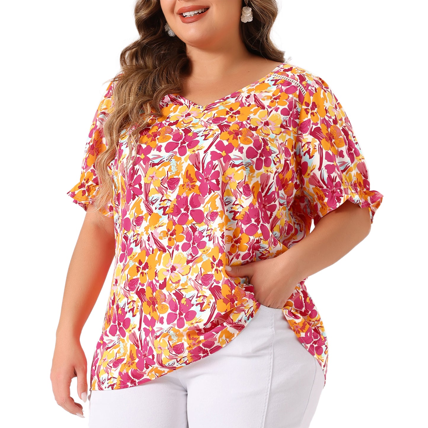 Women's Plus Size V Neck Ruffle Short Sleeve Blouses Floral Top