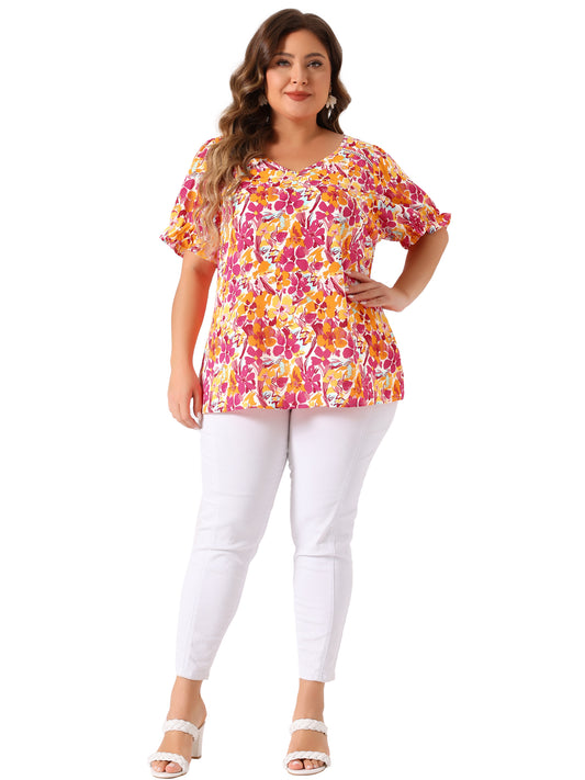 Women's Plus Size V Neck Ruffle Short Sleeve Blouses Floral Top