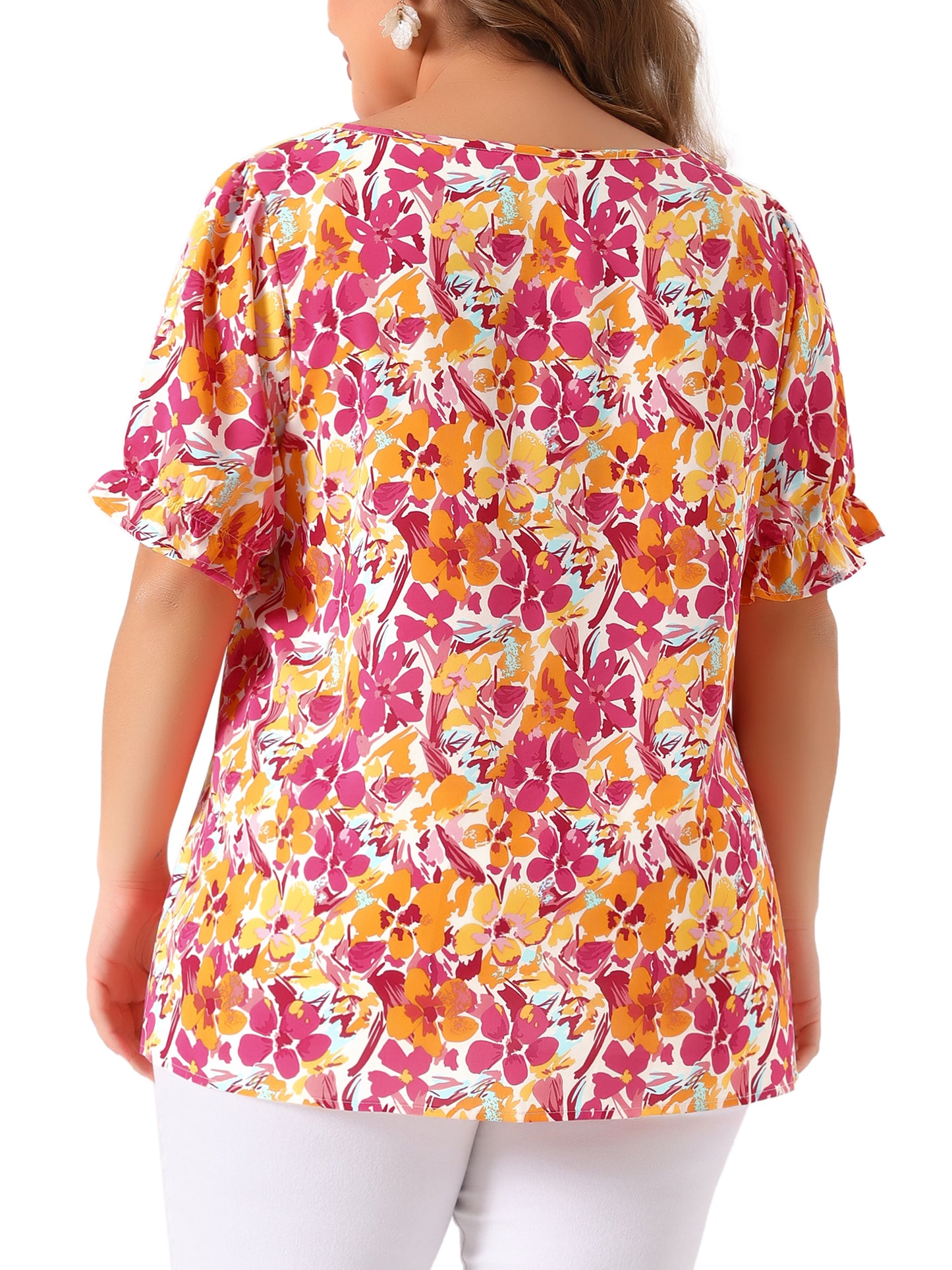 Women's Plus Size V Neck Ruffle Short Sleeve Blouses Floral Top