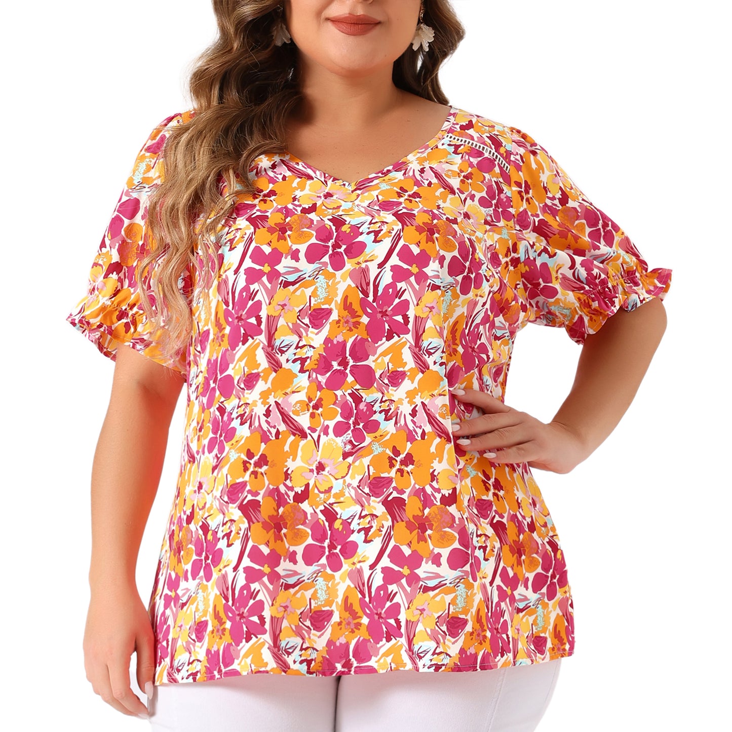 Women's Plus Size V Neck Ruffle Short Sleeve Blouses Floral Top