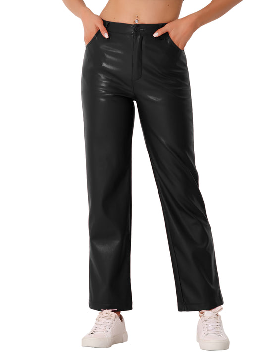 Women's High Waist Straight Leg Punk PU Trousers Faux Leather Pants