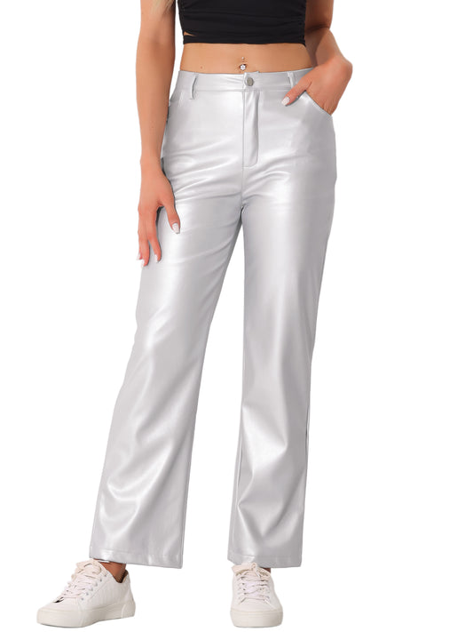 Women's High Waist Straight Leg Punk PU Trousers Faux Leather Pants
