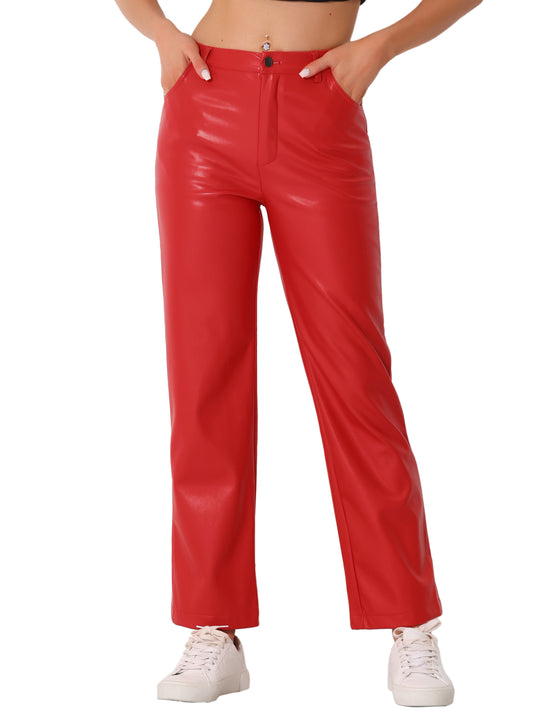 Women's High Waist Straight Leg Punk PU Trousers Faux Leather Pants