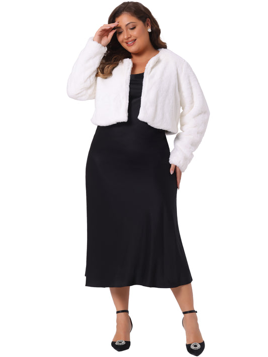 Women Plus Size Fluffy Jacket Open Front Cropped Faux Fur Winter Jacket