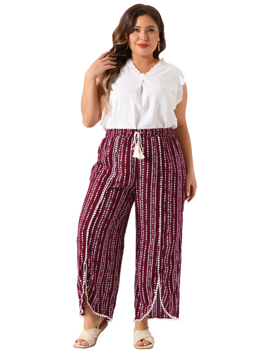 Women Plus Size Split Elastic Waist Flowy Striped Wide Leg Pants