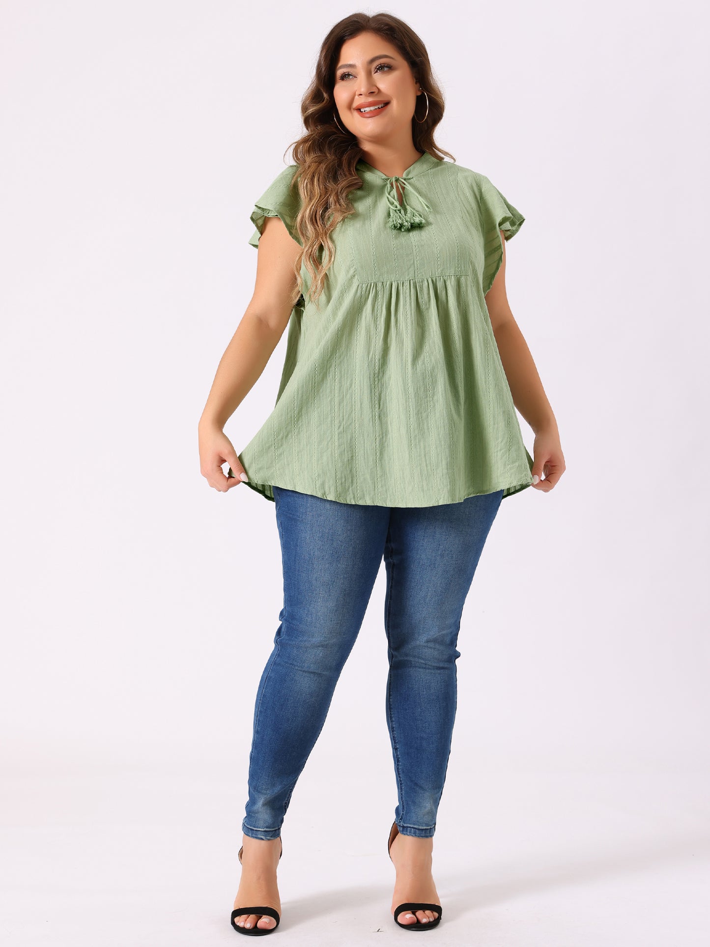Women Plus Size V Neck Tassel Self Tie Flutter Short Sleeve Blouse Flowy Summer Top