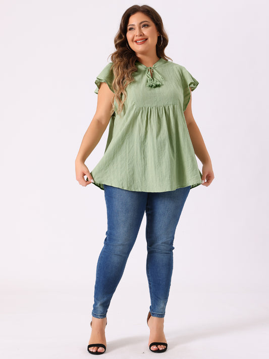 Women Plus Size V Neck Tassel Self Tie Flutter Short Sleeve Blouse Flowy Summer Top