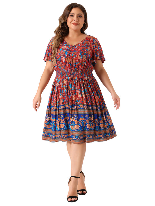 Women Plus Size Placed Pattern Bohemian Smock Waist V Neck Summer Midi Dress