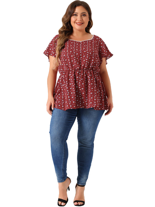 Women Plus Size Peplum Top Flare Short Sleeve Sweetheart Neck Summer Floral Blouse