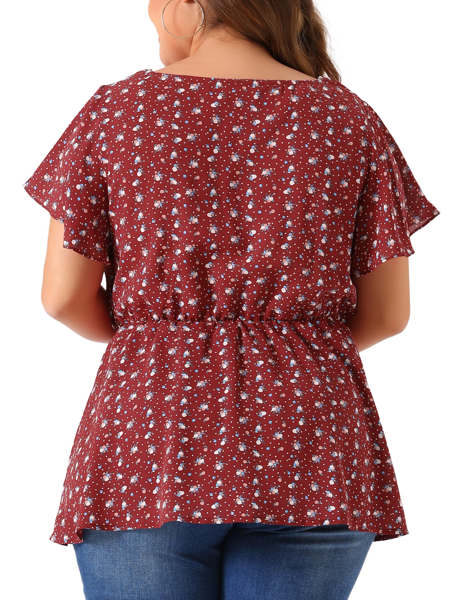 Women Plus Size Peplum Top Flare Short Sleeve Sweetheart Neck Summer Floral Blouse