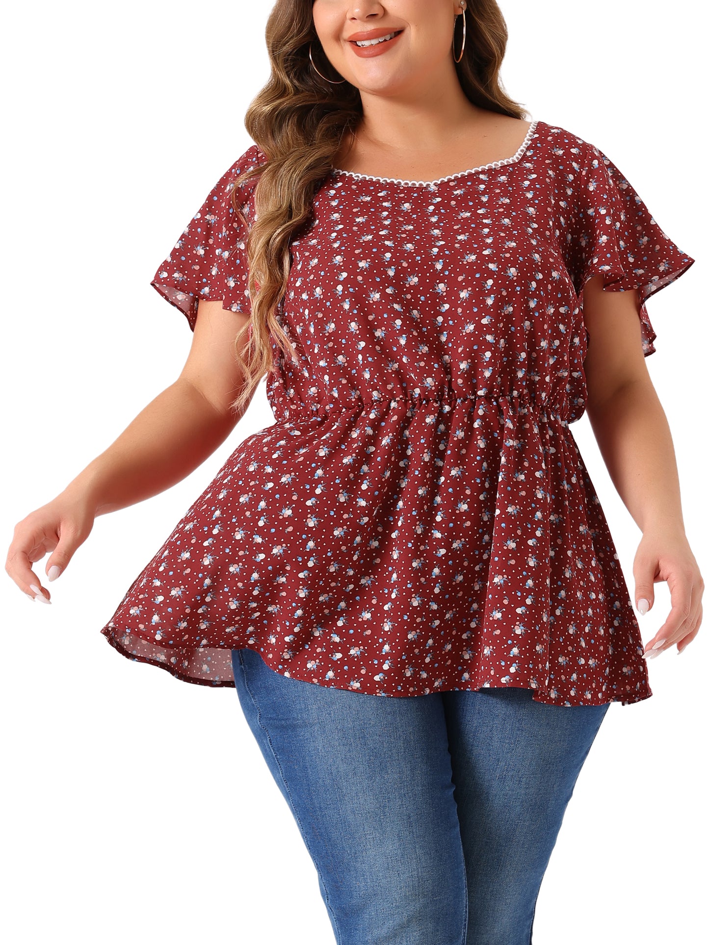Women Plus Size Peplum Top Flare Short Sleeve Sweetheart Neck Summer Floral Blouse