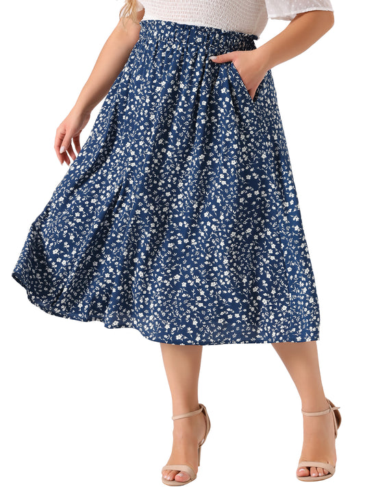 Women Plus Size Printed Skirt Chiffon Elastic Waist Flowy Midi Skirts with Pockets