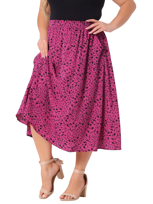 Women Plus Size Printed Skirt Chiffon Elastic Waist Flowy Midi Skirts with Pockets