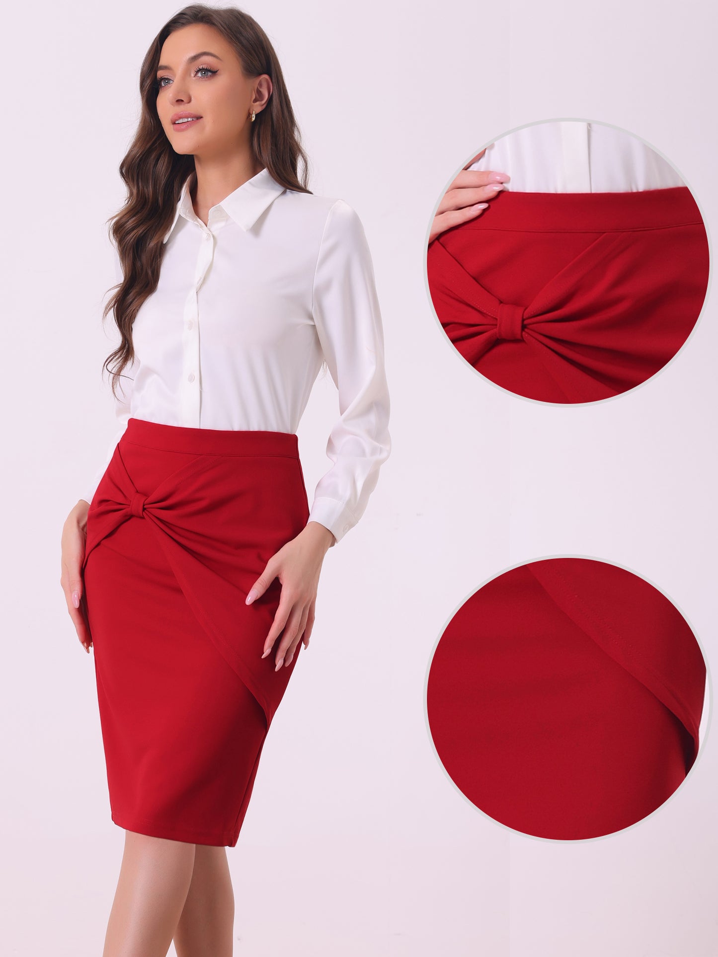 Women's Office Ruched High Waist Knee Length Wear to Work Pencil Bodycon Skirt