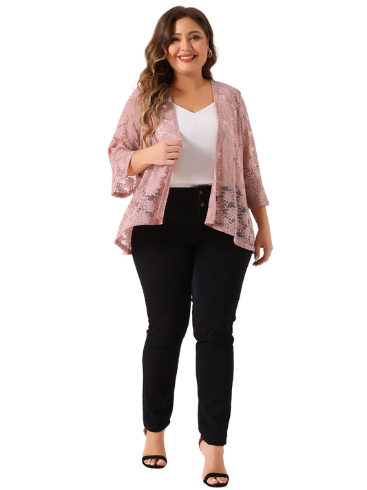 Women Plus Size Cardigans Open Front 3/4 Bell Sleeve Sheer Lightweight Lace Cover Up