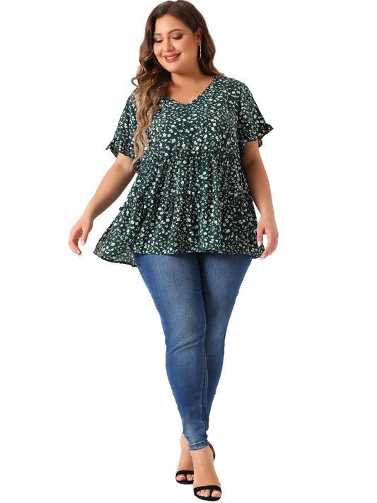 Women's Plus Size Blouse Summer Tops V Neck Short Sleeve Boho Floral Babydolls Blouse