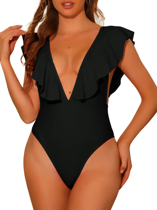 Women's One Piece V Neck Ruffled Monokini Swimsuit