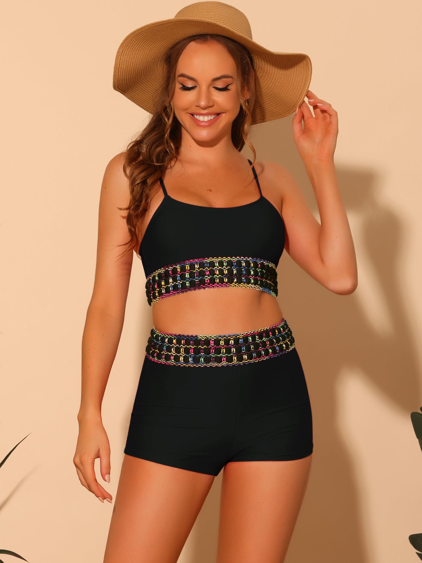Women's Contrast Color High Waisted Scoop Neck 2 Pieces Bikini Set