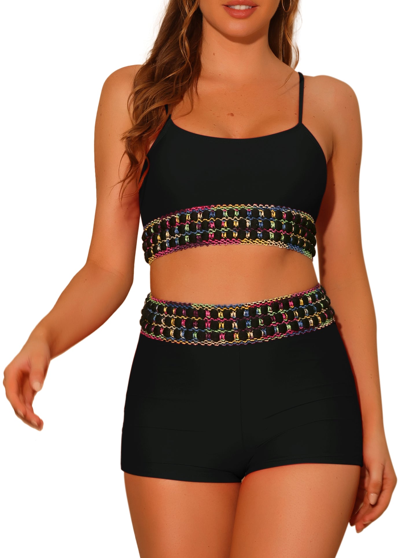 Women's Contrast Color High Waisted Scoop Neck 2 Pieces Bikini Set