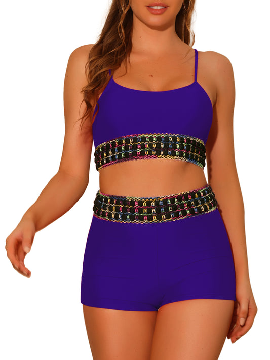 Women's Contrast Color High Waisted Scoop Neck 2 Pieces Bikini Set