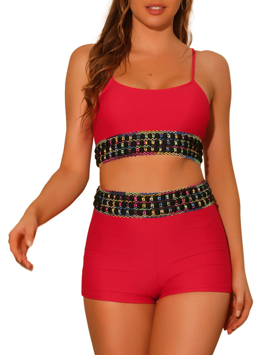 Women's Contrast Color High Waisted Scoop Neck 2 Pieces Bikini Set