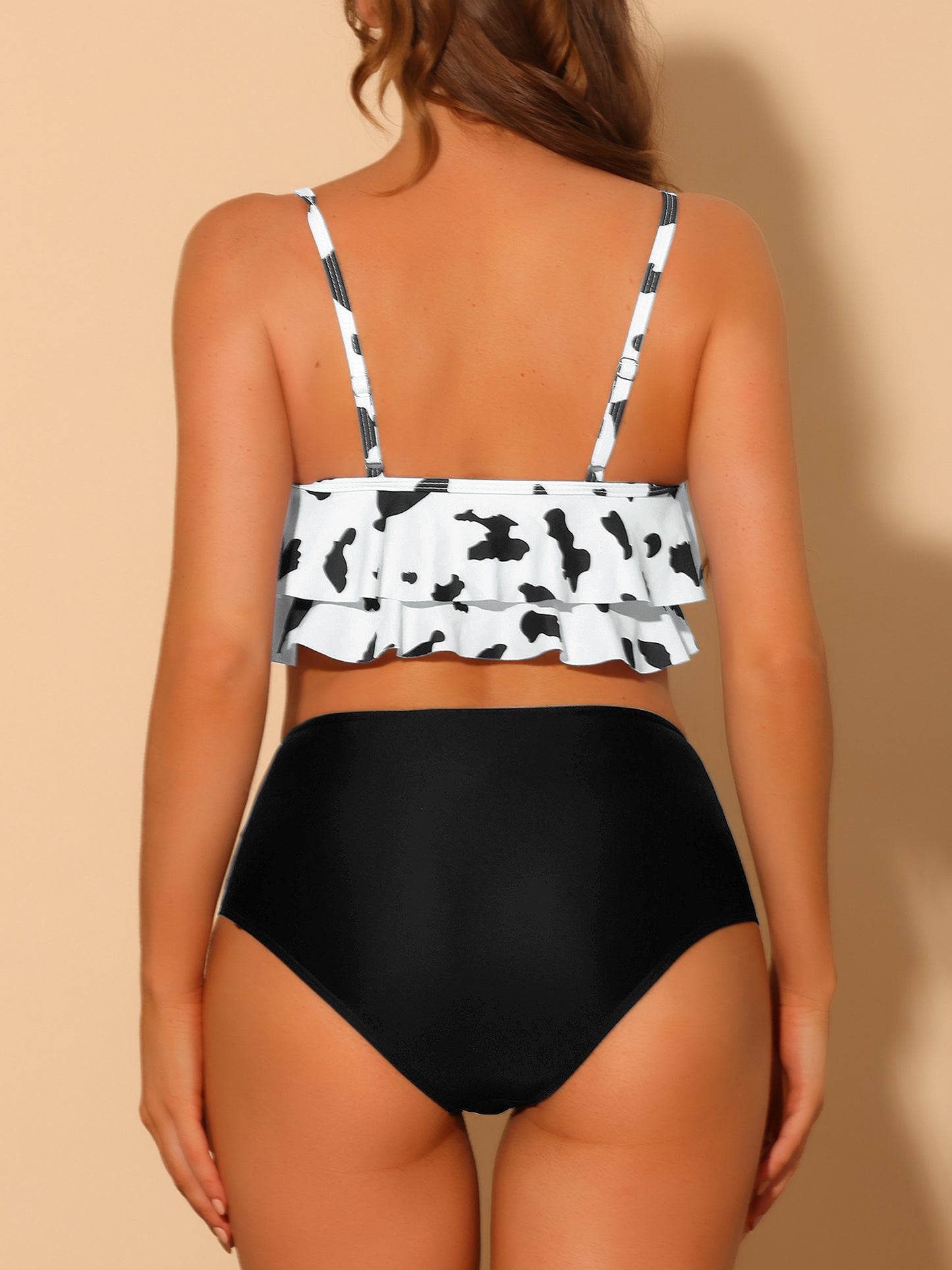 Women's Tankini Cow Print Ruffled Tank Top High Waisted Bikini Bottom 2 Piece Set