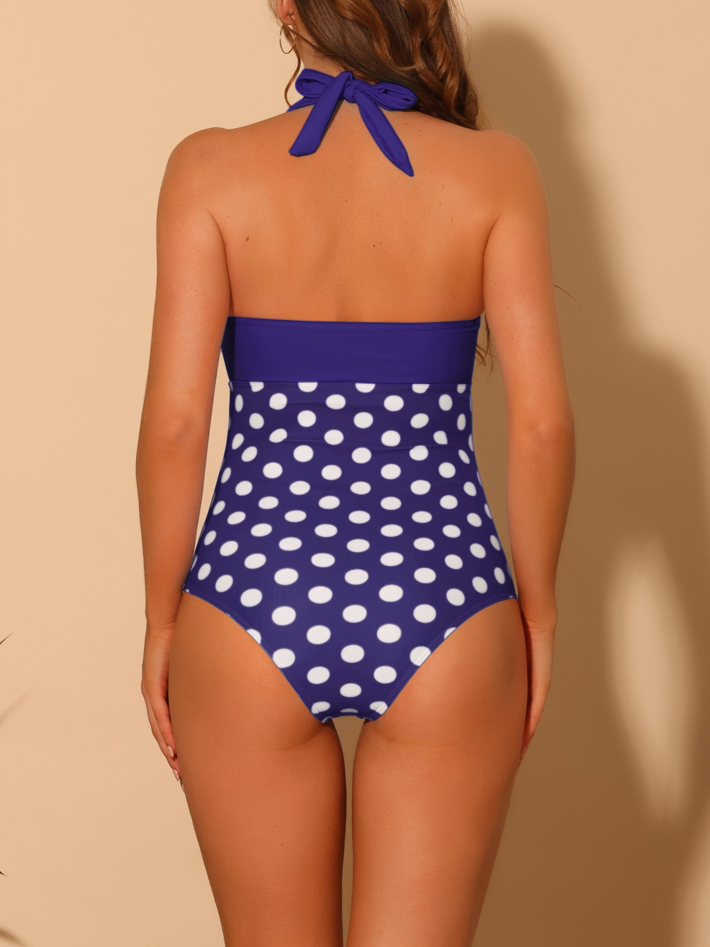 Women's Halterneck Polka Dot Bikini Monokini One Piece Cut Out String Bathing Suit