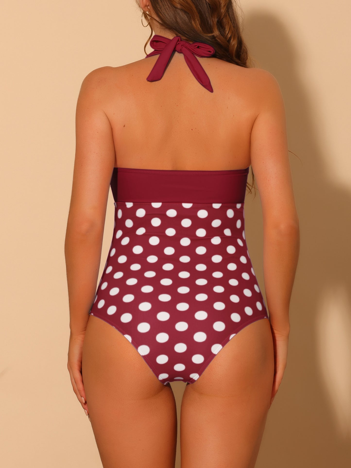 Women's Halterneck Polka Dot Bikini Monokini One Piece Cut Out String Bathing Suit
