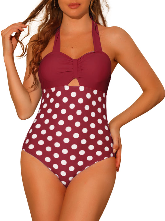 Women's Halterneck Polka Dot Bikini Monokini One Piece Cut Out String Bathing Suit