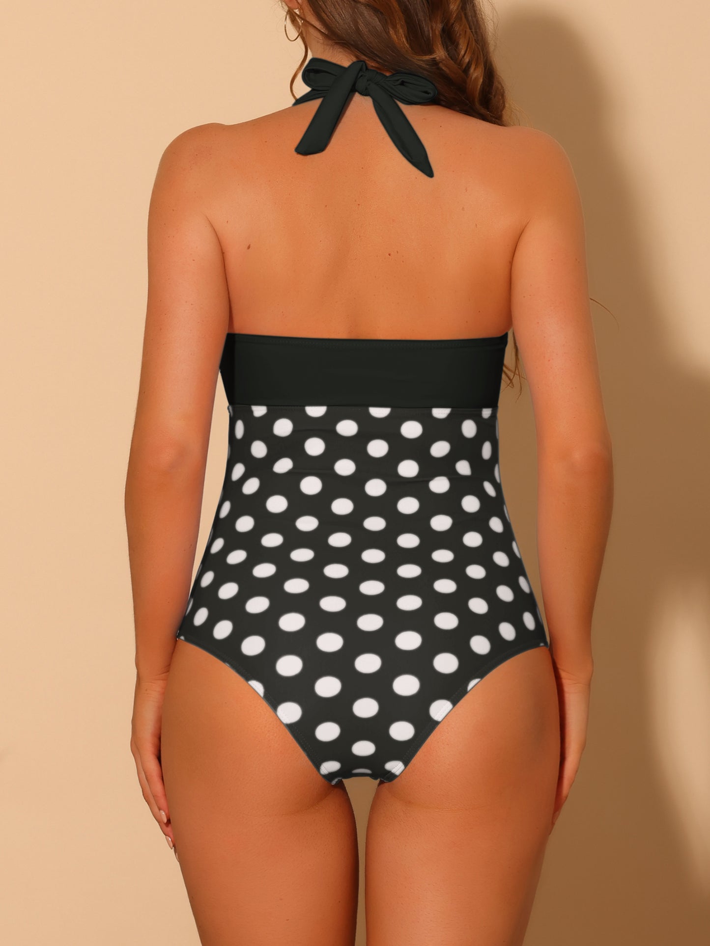Women's Halterneck Polka Dot Bikini Monokini One Piece Cut Out String Bathing Suit