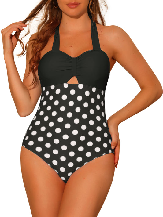 Women's Halterneck Polka Dot Bikini Monokini One Piece Cut Out String Bathing Suit
