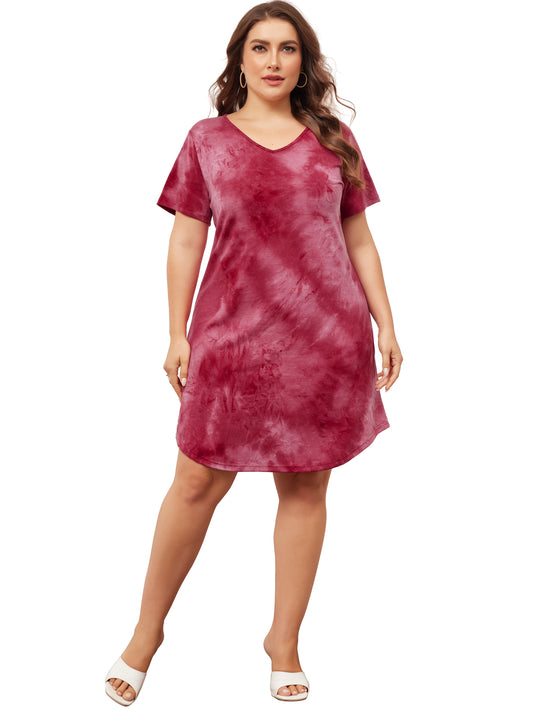 Women Plus Size Tie Dye Summer V Neck Short Sleeve Casual Dresses