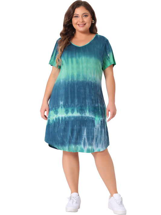 Women Plus Size Tie Dye Summer V Neck Short Sleeve Casual Dresses